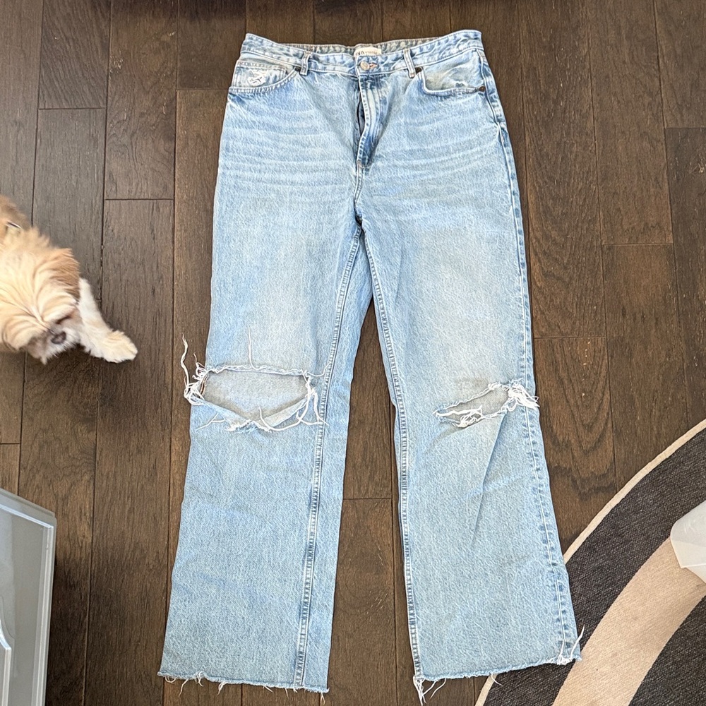 Zara Light Blue Distressed Flare Jeans
